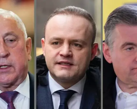Systemic opposition candidates Nikolai Kharitonov (left) Vladislav Davankov (center) and Leonid Slutsky