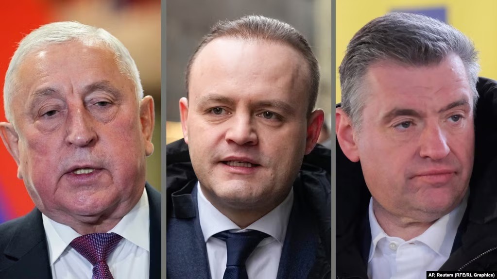 Systemic opposition candidates Nikolai Kharitonov (left) Vladislav Davankov (center) and Leonid Slutsky